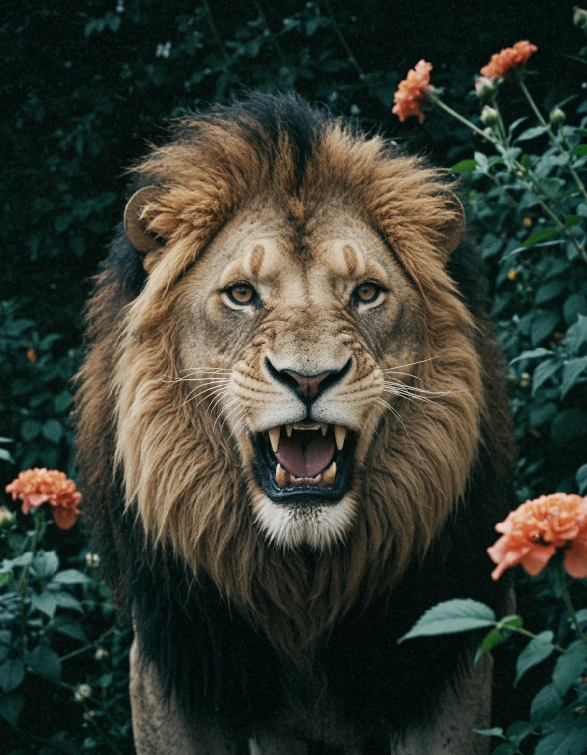 photo of a gorgeous roaring lion with an image filled with deep darks in the style of an analog film grain, background with flowers, amazing natural lighting, brilliant composition