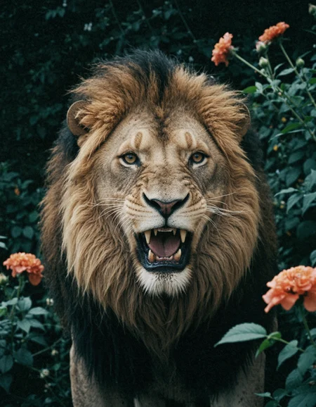 photo of a gorgeous roaring lion with an image filled with deep darks in the style of an analog film grain, background with flowers, amazing natural lighting, brilliant composition
