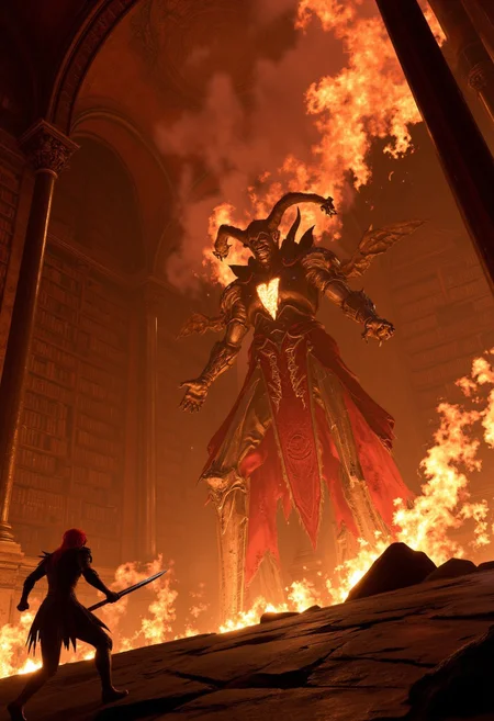 Within a grand library aflame, a desperate swordswoman leaps across collapsing bookshelves, aiming to pierce the heart of a multi-armed fiend conjuring blazing sigils in the swirling cinders and rising smoke.
   , aidmabaldursgate3, aidmafluxpro1.1, aidmaimageupgrader