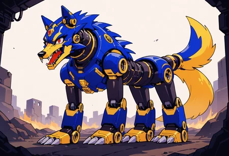score_9, score_8_up, score_7_up, score_6_up, score_5_up, source_furry, view from below, no humans, thin waist, (yellow tail:1.2), friender, blue fire dog, blue armor, feral, (robot:1.8), robotic, black nose, red eyes, paws, claws, (wolf tail:1.2), friender, open mouth, (fangs:1.5), mechanical fortress