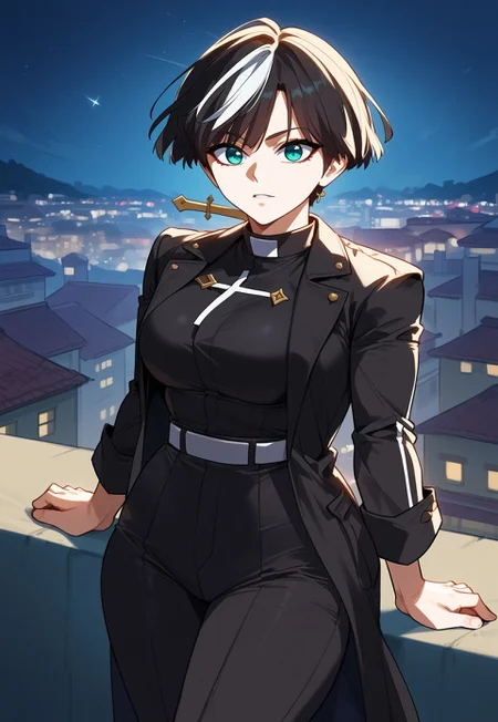 zPDXL3, score_9_up, score_8_up, score_7_up, (Anime_source), 1girl, Bish-Mir, teal eyes, multicolored colored hair, black hair, white streak hair, short hair, mole under eye, Bish-Mir Suit, Black coat, cowboy shot, looking at viewer, standing on roof, night, city's, floating hair