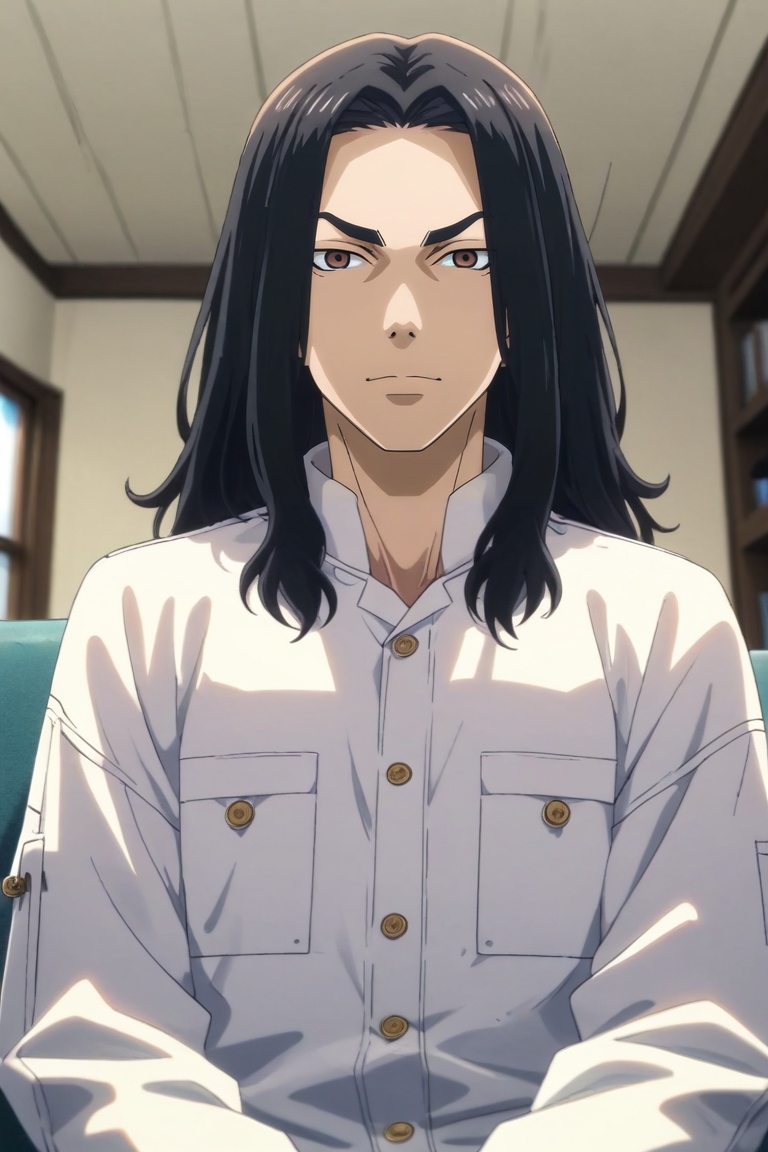 score_9, score_8_up, score_7_up, source_anime, rating_safe, , semi-realistic, looking at viewer, depth of field, 1boy, solo, male focus, <lora:keisuke_baji_pony:0.96>, keisuke_baji, black hair, brown eyes, long hair, , from below, living room, couch, day, clouds, sitting, skin fang, raincoat,, <lora:sdxl_lightning_8step_lora:1>