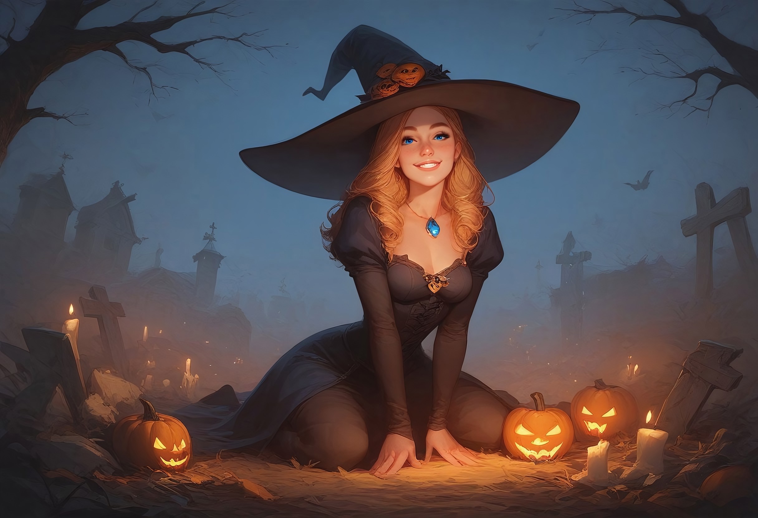 (score_9, score_8_up, score_7_up), Amelie, blonde straight hair, blue eyes, solo, pose, wearing a cute halloween costume, sorceress hat, black sorceress dress, halloween makeup, smiling, cemetery background, stone graves, strange graves, fog, scary, night, moonlight, bats, easynegative, Expressiveh, zPDXL3