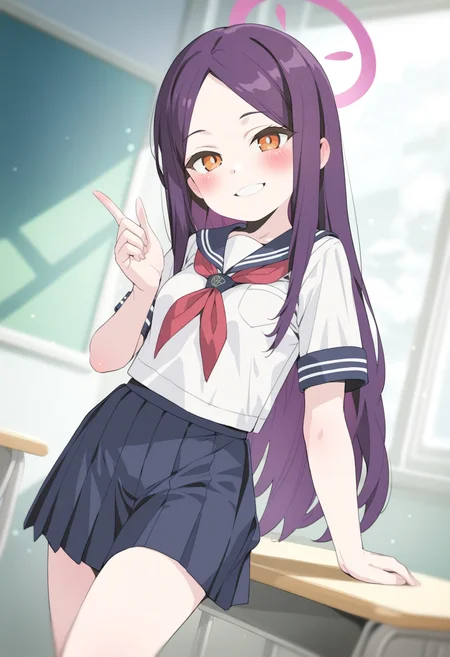 masterpiece,best quality,amazing quality,
1girl, solo, school uniform, long hair, halo, smile, blush, serafuku, skirt, purple hair, looking at viewer, grin, short sleeves, neckerchief, sailor collar, orange eyes, bangs, red neckerchief, breasts, pleated skirt, shirt, parted bangs, white shirt, index finger raised,
 <lora:Saeki Tatsuya_epoch_9:1>