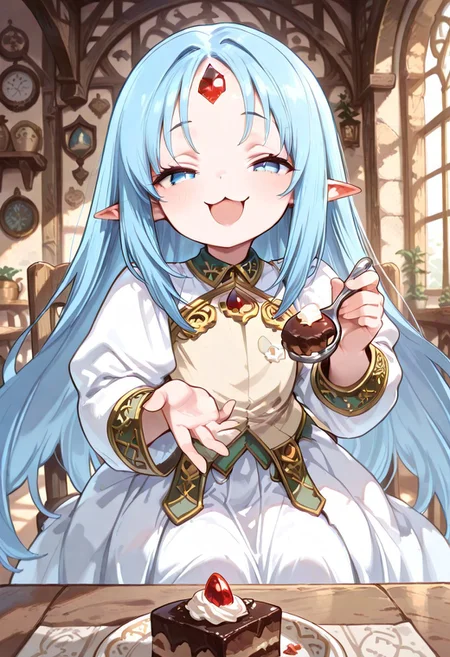 masterpiece, best quality, good quality, very awa, very aesthetic, absurdres, newest, high resolution,high quality,detailed,cute details, gr4ph1t3, beautiful eyes, perfect eyes, detailed eyes, 1girl, solo, reset_kalar_il ,pointy ears,blue hair,long hair,red gem forehead, cute dress, cowboy shot, sitting, cute, looking at viewer, half closed eyes, very smug expression, :3, very cute, feeding, food, open mouth, incoming food, looking at viewer closeup, table, chair, large cake, indoors, fantasy cafe, fantasy