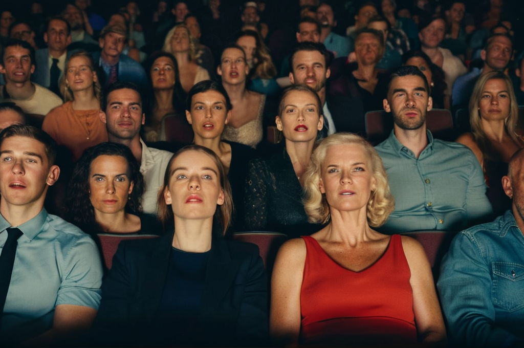 photo of a large group of people sitting in a cinema, many faces,