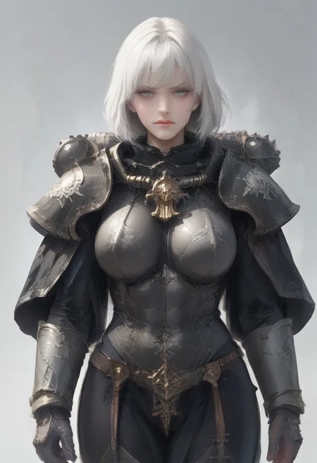 <lora:Sororitas:1> armor, shoulder armor, 1girl, pauldrons, short hair, power armor, white hair, white eyelashes, big breastplate <lora:disgusted_face_xl_goofy:1> disgusted face, looking down, score_9, score_8_up, score_7_up, score_6_up, score_5_up, score_4_up