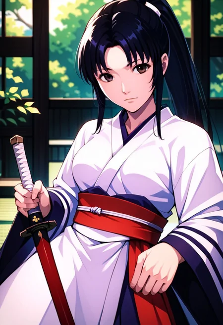 score_9_up, score_8_up, score_7_up, source_anime, 1girl, KAGURA MIO, 1girl, long hair, black hair, brown eyes, weapon, japanese clothes, sword
