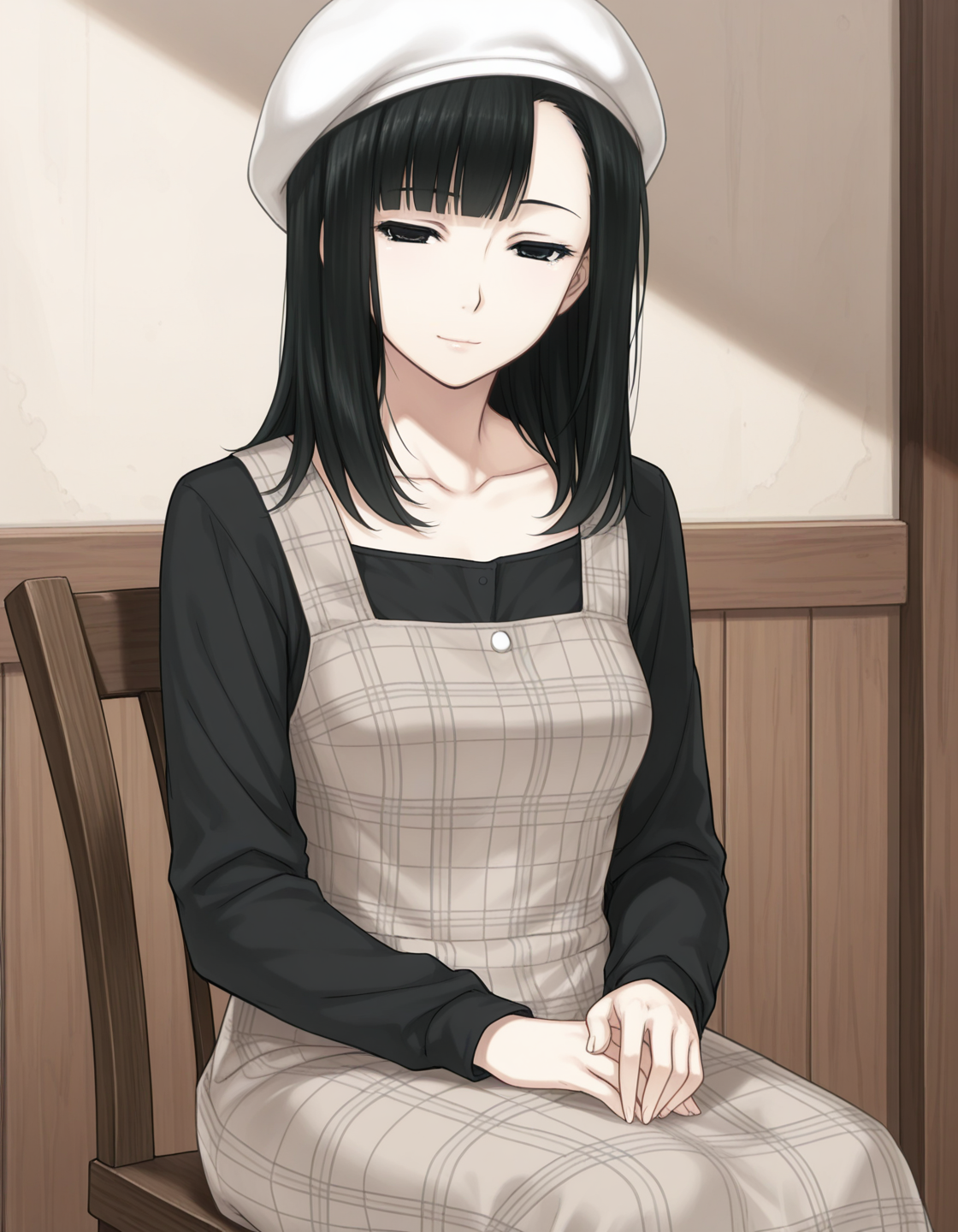 1girl, solo, takamiya meguri, black hair, long hair, blunt bangs, asymmetrical bangs, black eyes, light smile, narrowed eyes, aged up, collarbone, black shirt, long sleeves, pinafore dress, (plaid dress:0.2), light sepia dress, long dress, white beret, looking at viewer, three quarter view, sitting on wooden chair, indoors, light theme <lora:takamiya_meguri_ilxl_v1:0.7>