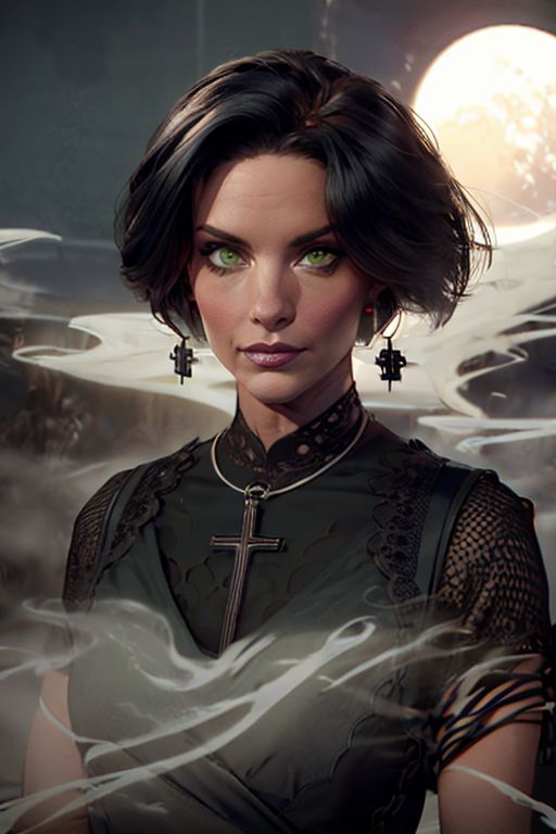 40 years old, mature female, milf, black hair,short haircut, Bob hairstyle, green eyes, small perfect round breast, round earrings, small cross necklace,  fFaceDetail,  milfy_mindy, hotmama,  looking at the viewer, art, fanatical woman, crazy look , slight smile, lace black dress,  woman giving a sermon to a crowd <lora:wolong_v1-000012:0.4>, detailed face, dark theme, mysterious atmosphere, with a haunting, mist, ghosts are flying around, shrouded and darkness, tall female, art, moon, fiery inverted cross, at church, dark fantasy style, close up, Darkness