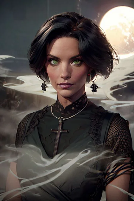 40 years old, mature female, milf, black hair,short haircut, Bob hairstyle, green eyes, small perfect round breast, round earrings, small cross necklace, fFaceDetail, milfy_mindy, hotmama, looking at the viewer, art, fanatical woman, crazy look , slight smile, lace black dress, woman giving a sermon to a crowd <lora:wolong_v1-000012:0.4>, detailed face, dark theme, mysterious atmosphere, with a haunting, mist, ghosts are flying around, shrouded and darkness, tall female, art, moon, fiery inverted cross, at church, dark fantasy style, close up, Darkness