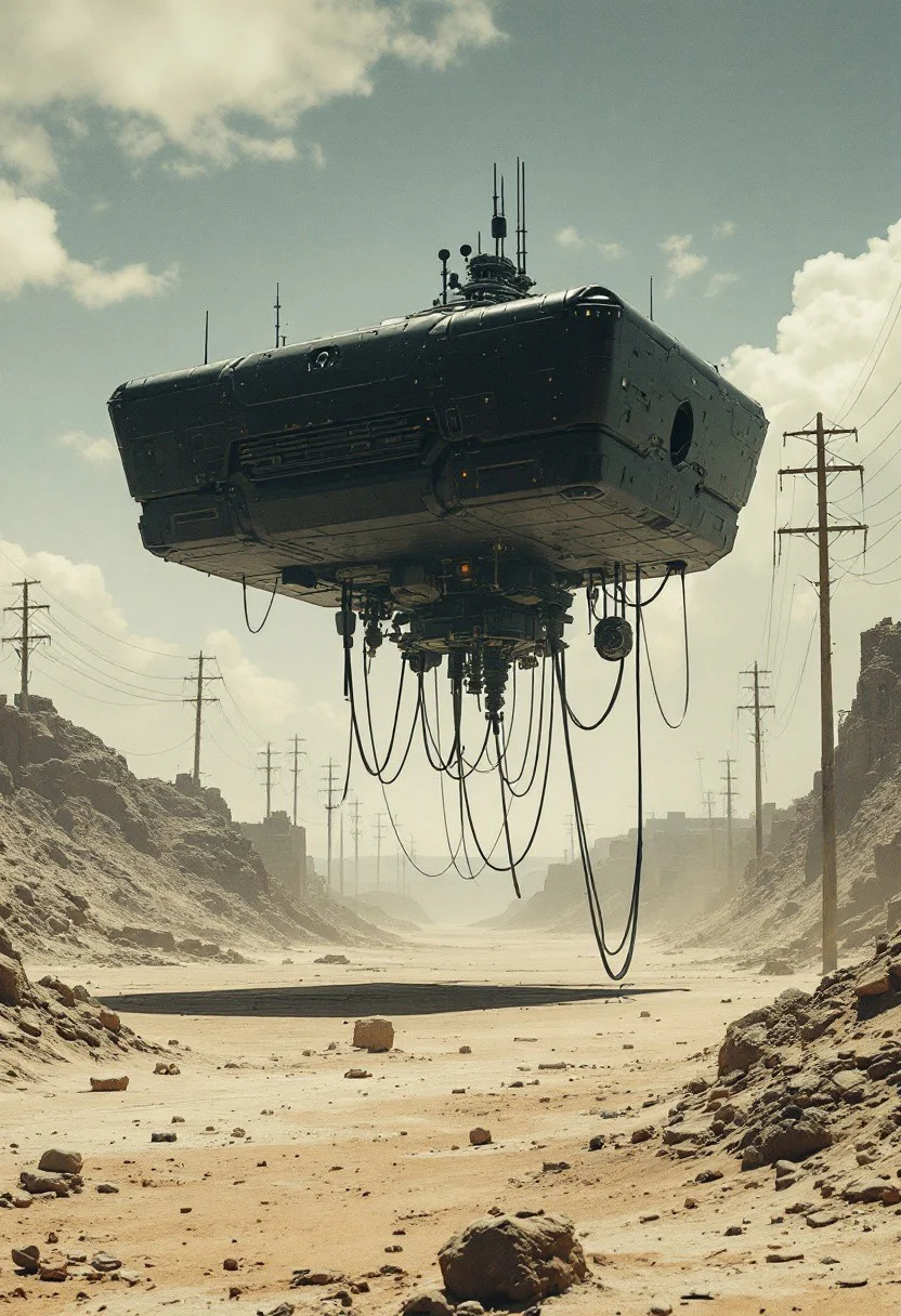 ultra high resolution, masterpiece, best quality, small featureless angular glossy black spacecraft with a heavily textured surface hovering low to the ground, underneath the spacecraft are cables hoses and wires, antennas on top, cables hanging from below, rectangular in shape, futuristic world, post apocalyptic landscape, ((low concrete buildings:1.3)) anti gravity, in the atmosphere, sky, clouds, ground visible, hovering, dry, ((dusty)), bleak landscape, parched, bright noon sunlight, square shapes, bleached colors, destroyed industrial buildings, powerlines and towers,