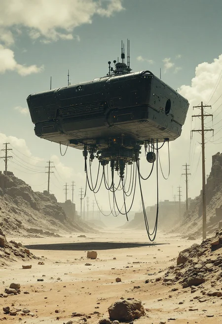 ultra high resolution, masterpiece, best quality, small featureless angular glossy black spacecraft with a heavily textured surface hovering low to the ground, underneath the spacecraft are cables hoses and wires, antennas on top, cables hanging from below, rectangular in shape, futuristic world, post apocalyptic landscape, ((low concrete buildings:1.3)) anti gravity, in the atmosphere, sky, clouds, ground visible, hovering, dry, ((dusty)), bleak landscape, parched, bright noon sunlight, square shapes, bleached colors, destroyed industrial buildings, powerlines and towers,