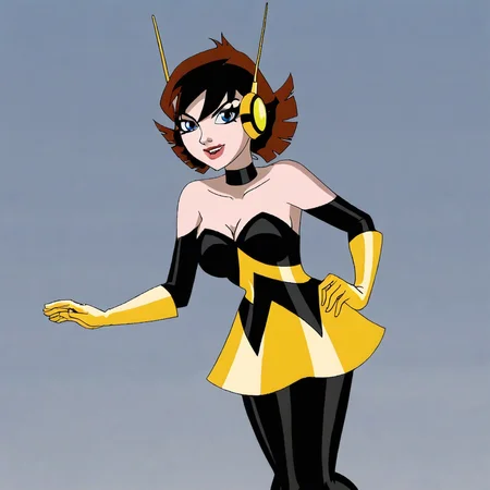 <lora:waspemh_pony_v1:0.81> waspemh, 1girl, elbow gloves, blue eyes, short hair, choker, pantyhose, medium breasts, yellow gloves, yellow dress, brown hair, cleavage, headphones, bare shoulders, strapless dress, makeup