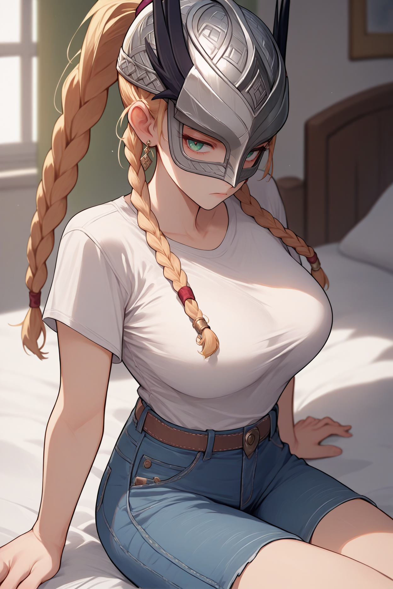 score_9, score_8_up, score_7_up, score_6_up, source_anime, 1girl, solo <lora:yskarja-pdxl-nvwls-v1-000005:1> ysKarja, blonde hair, braided ponytail, twin braids, green eyes, helmet, earrings, white t-shirt, denim shorts, sitting, bed, big breasts, tired, bedroom, looking at you