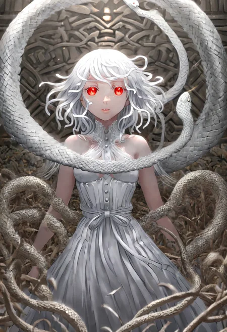 source anime, anime style, official art, "Sengoku Nadeko wrapped by a pale white snake around her neck, glowing under soft, eerie lighting, surrounded by detailed scales, mixed with a surreal and unsettling atmosphere, photorealistic textures." white_hair, red_eyes, medium_hair, snake_hair, small_breasts, WHITE DRESS, <lora:SDXLFaeTastic2400:0.4> <lora:extremely_detailed:0.4> extremely detailed, <lora:sn4ke:1>,sn4ke, Masterpiece,best quality,hi res,8k,hi res,8k,award winning,(sharp focus, intricate, highly detailed), rating:safe