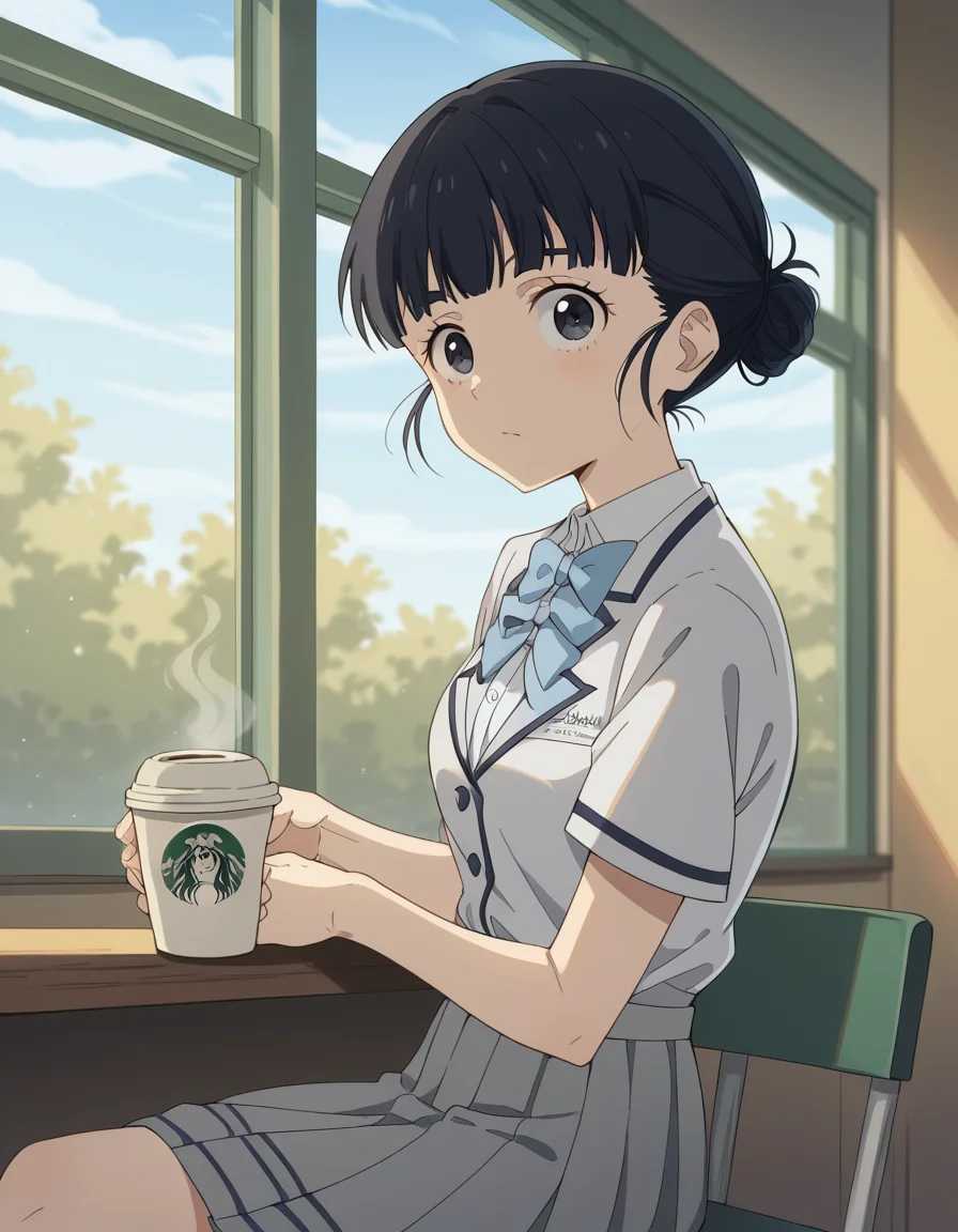 score_9, score_8_up, score_7_up, source_anime, <lora:tiara-basori-s1-ponyxl-lora-nochekaiser:1>, tiara basori, bangs, black hair, hair bun, black eyes, single hair bun,, skirt, shirt, bow, school uniform, white shirt, short sleeves, grey skirt, pleated skirt, bowtie, blue bowtie, blue bow, blazer,, cafe, coffee cup, barista, sitting down, talking, relaxing, sunlight through window, , looking at viewer, from side, solo,, cowboy shot, dutch angle