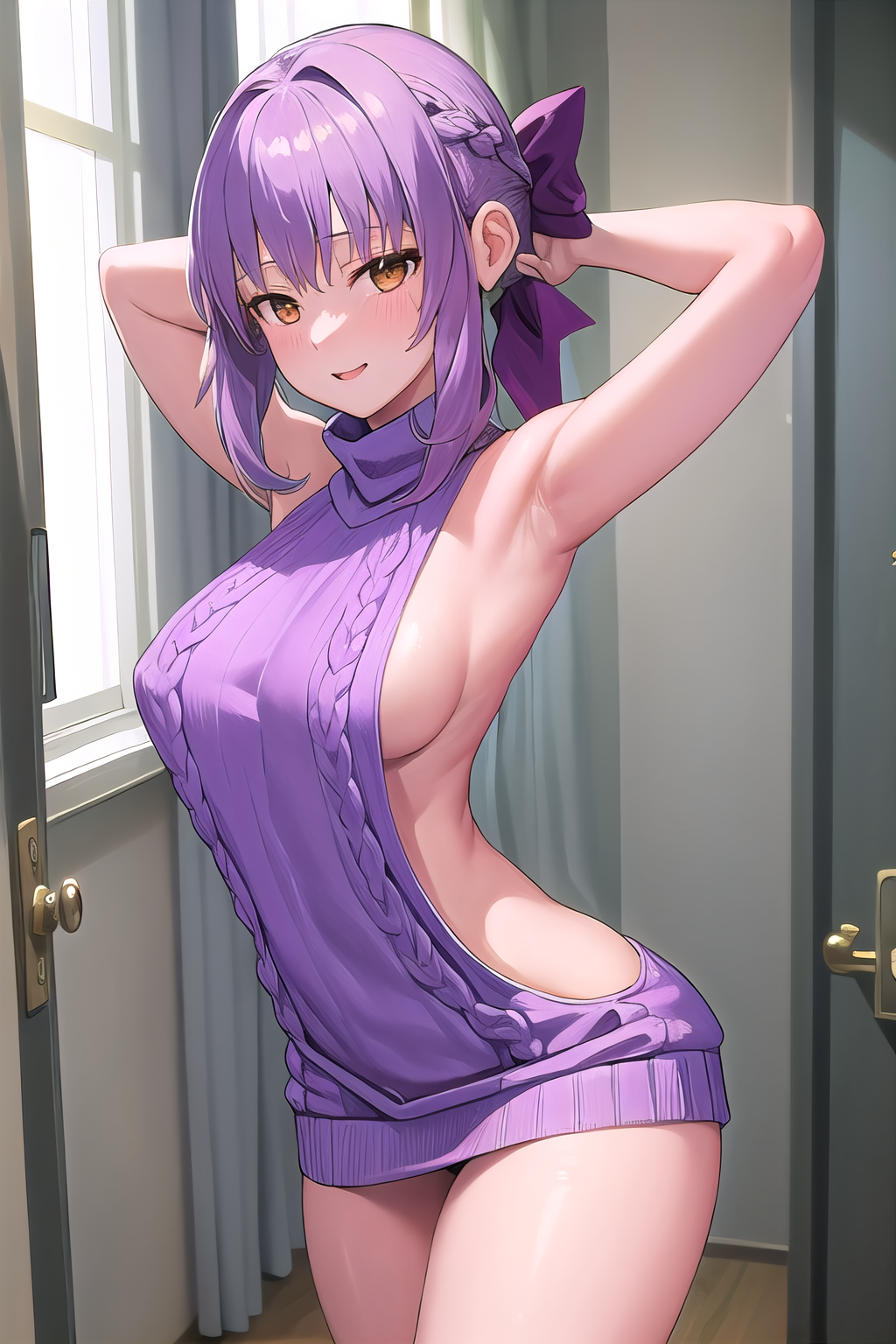 masterpiece, best quality, ultra-high-detailed, virgin killer sweater, backless outfit,  Shinoa Hiiragi, purple hair, braided hair, purple ribbon,