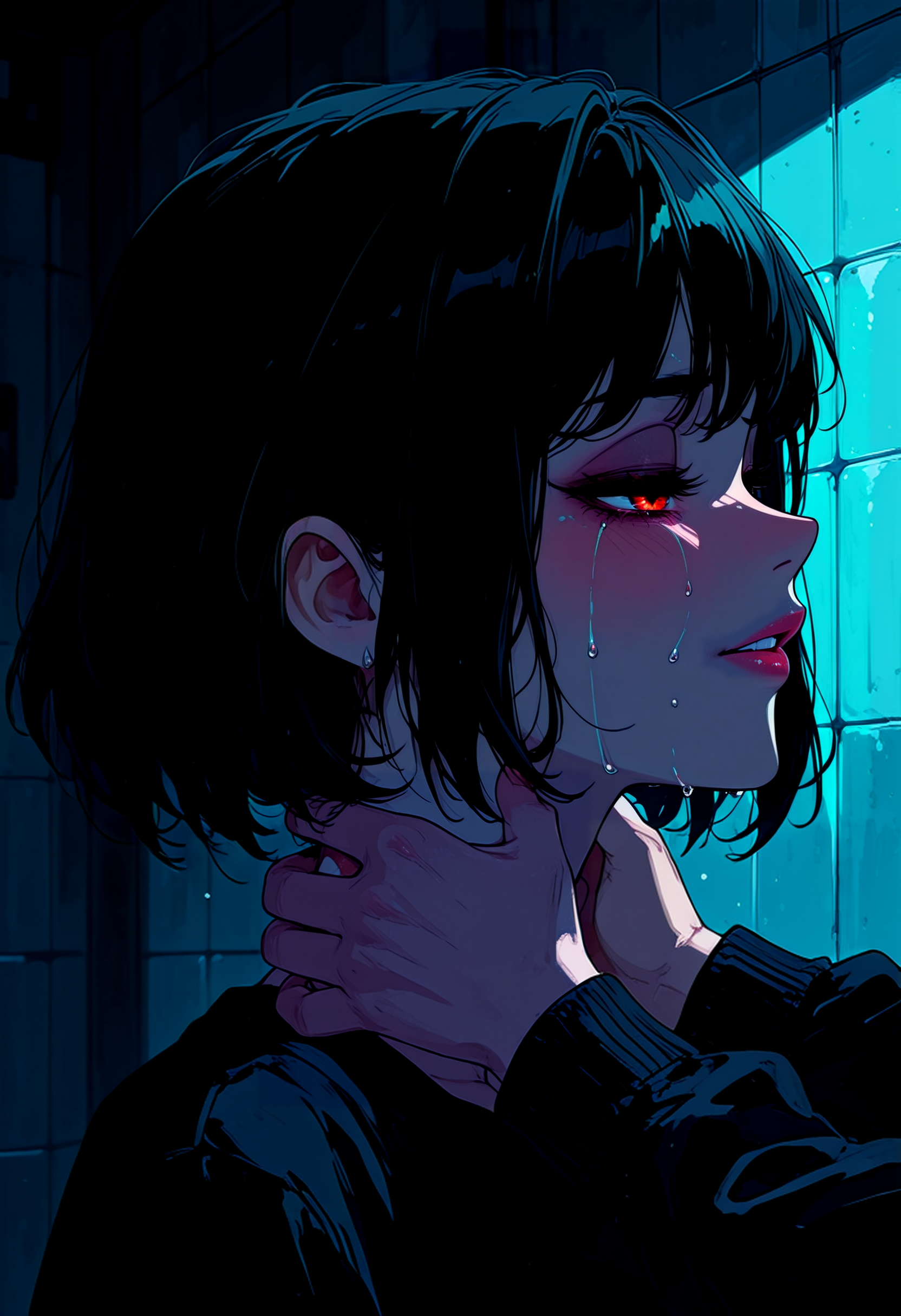 masterpiece, best quality, absurdres, highres, very awa,detailed_background,indoors,streaming tears,2girls,short hair,highres,mizi \(alien stage\),crying,sua \(alien stage\),tiles,half-closed eyes,multiple girls,tears,hands on another's wrists,solo focus,scene reference,black hair,shinumeru,tile wall,hands on another's neck,smile,dark,alien stage