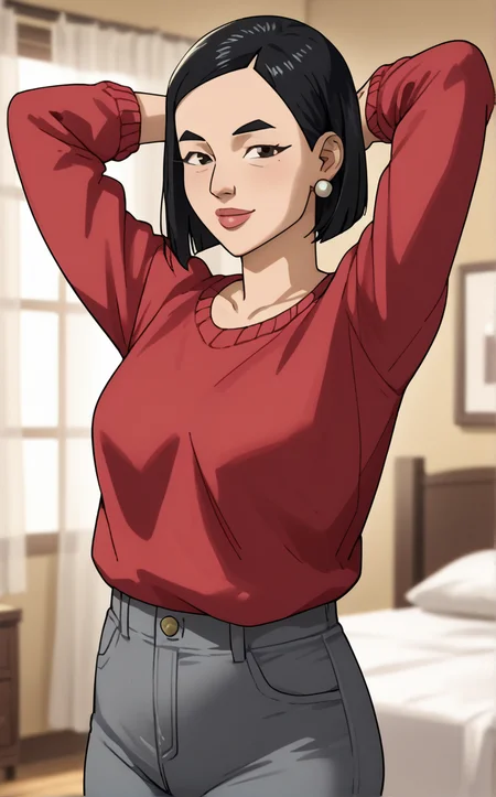 score_9, score_8_up, score_7_up, absurdres,contrapposto, arms behind head, cowboy shot, looking at viewer, backlighting, light smile, light particles, blurry background, depth of field, bloom, gradient background, yellow background, spotlight,  <lora:PONYXL_Invincible_DebbieGrayson_ownwaifu:1>, BREAK RedShirt_DebbieGrayson_ownwaifu, 1girl, asian, black eyes, black hair, lips, long sleeves, mature female, nose, red shirt, thick eyebrows, v-neck, jewelry, earrings, medium hair, sweater, breasts, grey pants, bob cut, jeans, lipstick, pink lips, red sweater, stud earrings, <lora:add-detail-xl:0.15>,