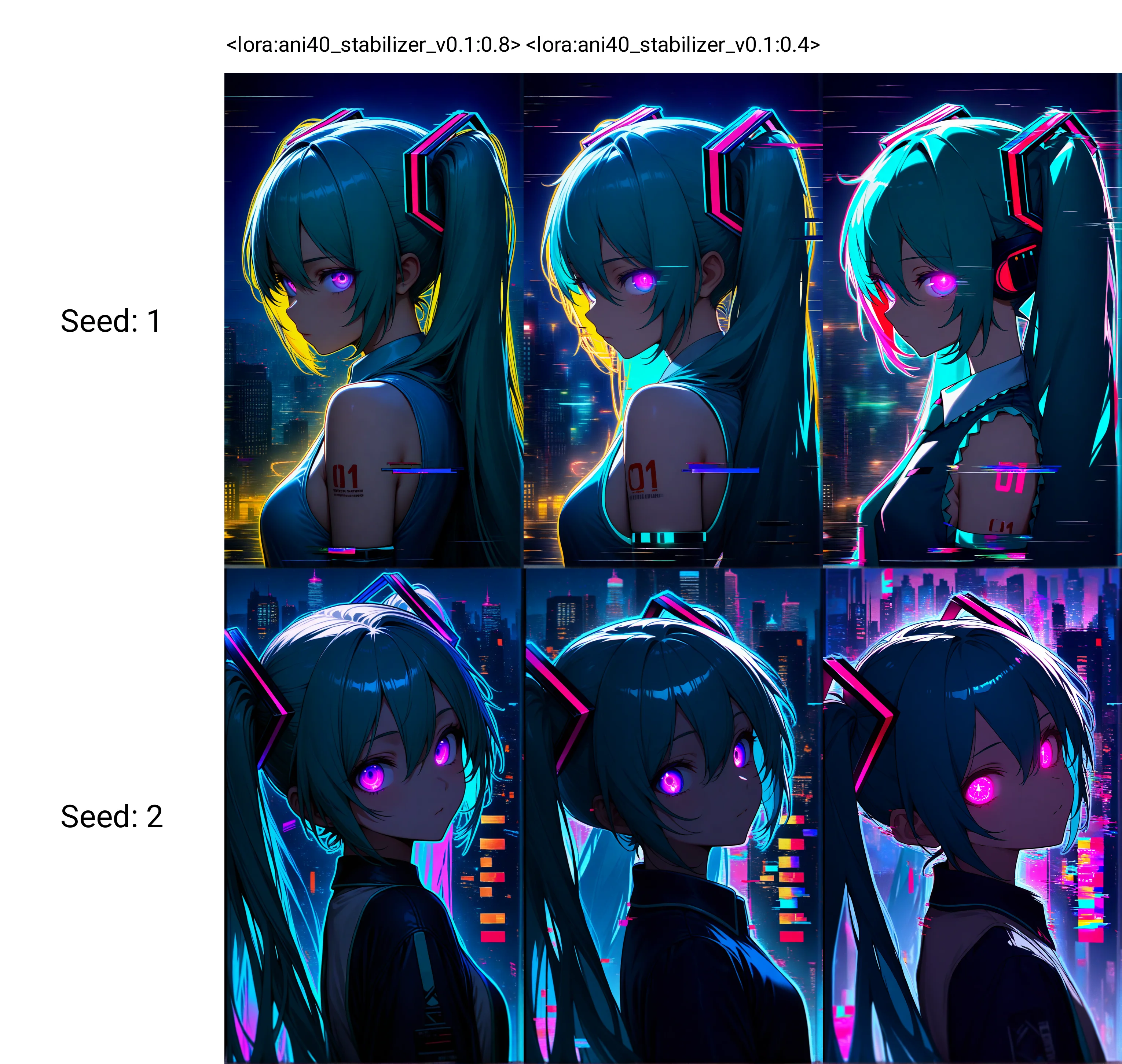 <lora:ani40_stabilizer_v0.1:0.8>1girl,hatsune miku,upper body,from side,colorful,glowing eyes,glowing outline,neon,looking at viewer,glitch,cityscape,night,masterpiece,best quality,high score,great score,