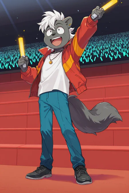 score_9, score_8_up, score_7_up, score_6_up, 1boy, solo, shunimai, skunk boy, furry male, white hair, dark gray fur, ear piercing, freckles, jewelry, necklace, red jacket, blue pants, black shoes, white shirt, holding glowsticks, cheering in the crowd