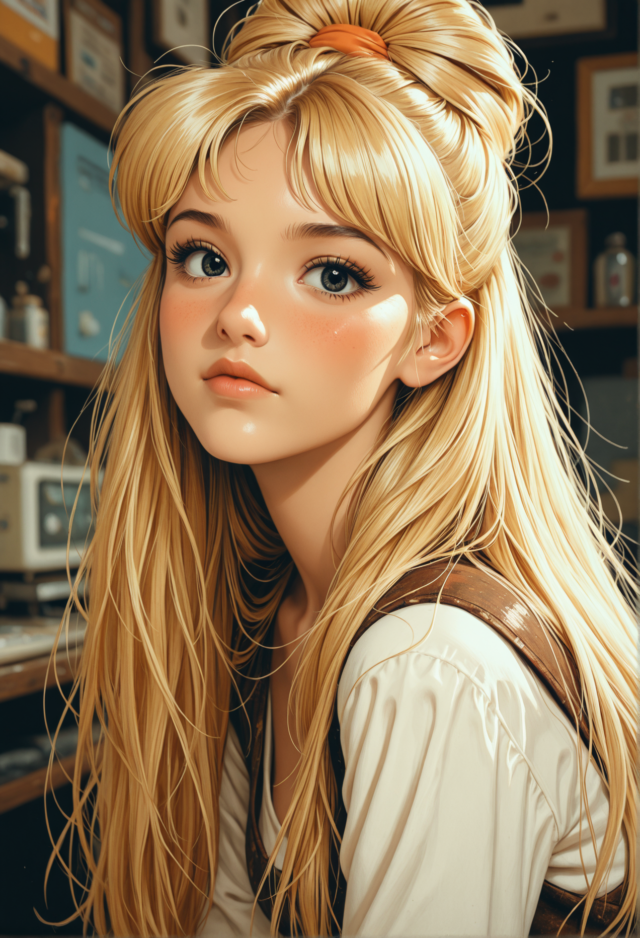 masterpiece, detailed_eyes, high_quality, best_quality, highres, subject_focus, depth_of_field, 
face_focus, 1girl, blush, looking at viewer, swept_bangs, side_bangs, hair_slicked_forward, messy_hairdo, very_long_hair, blonde, retro, grunge