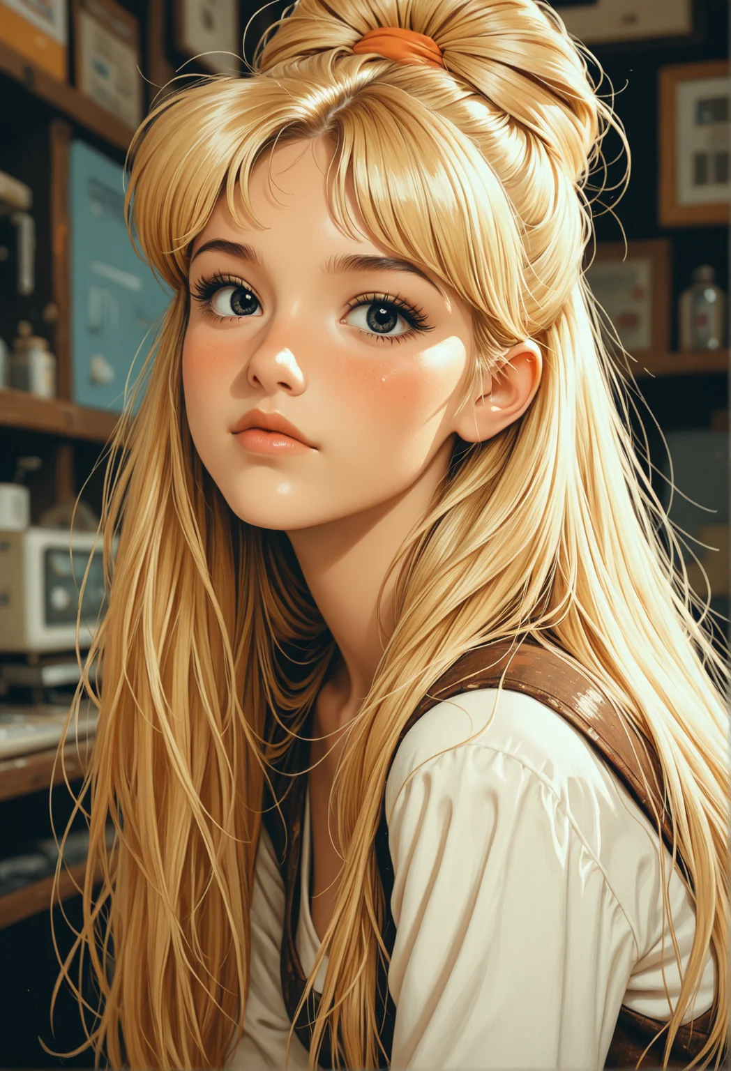 masterpiece, detailed_eyes, high_quality, best_quality, highres, subject_focus, depth_of_field,
face_focus, 1girl, blush, looking at viewer, swept_bangs, side_bangs, hair_slicked_forward, messy_hairdo, very_long_hair, blonde, retro, grunge