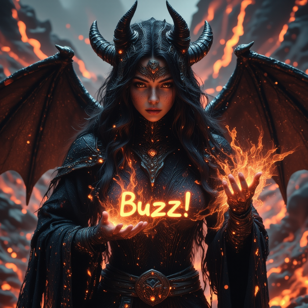 volcanic landscape, beautiful woman, black hair, demon horns,  dragon wings, body covered in black robes, sfw, beautiful detailed face, glowing eyes, powerful, strong, magically glowing hands, magical  ink splats forming letters, magic glowing  ink splats words, text "You better give me Buzz!", casting  ink splats letters "Buzz!", highly detailed, hyper realistic, fantasy style, hkmagic,  ink splats <lora:FantasyWizardWitchesFluxV2-000001:1.02> <lora:ink_splats_flux:1.0>