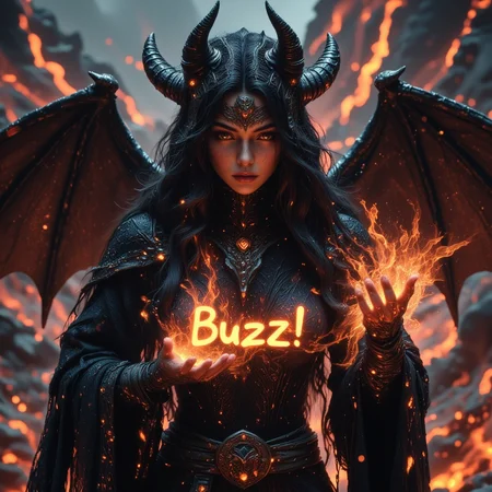 volcanic landscape, beautiful woman, black hair, demon horns,  dragon wings, body covered in black robes, sfw, beautiful detailed face, glowing eyes, powerful, strong, magically glowing hands, magical  ink splats forming letters, magic glowing  ink splats words, text "You better give me Buzz!", casting  ink splats letters "Buzz!", highly detailed, hyper realistic, fantasy style, hkmagic,  ink splats <lora:FantasyWizardWitchesFluxV2-000001:1.02> <lora:ink_splats_flux:1.0>