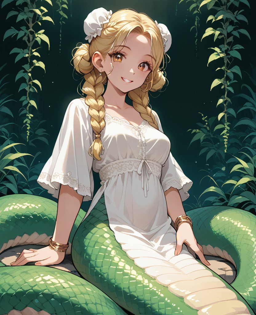 score_9, score_8_up, score_7_up, score_6_up, 1girl, solo, perfect hand, monster_girl ,lamia ,medium_breasts ,plump ,dress ,long_hair ,blonde_hair ,golden_eyes ,braided_bun ,curly_hair ,looking_at_viewer ,happy ,on_stomach