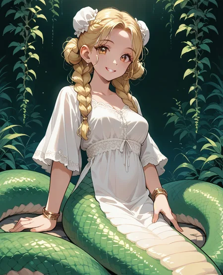 score_9, score_8_up, score_7_up, score_6_up, 1girl, solo, perfect hand, monster_girl ,lamia ,medium_breasts ,plump ,dress ,long_hair ,blonde_hair ,golden_eyes ,braided_bun ,curly_hair ,looking_at_viewer ,happy ,on_stomach