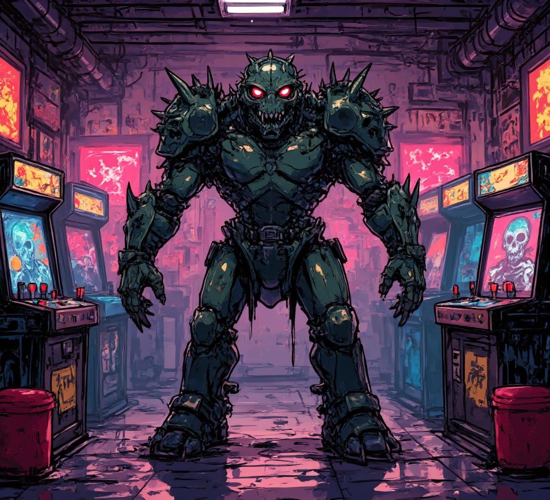 <lora:Simple_Anime_Style_Flux-000012.safetensors:1> anime
In a vivid digital painting, a colossal, muscular humanoid reptilian creature towers over a surreal arcade setting. The creature’s form oscillates between hyper-realistic details and flowing, liquid-like abstract patterns, as if marbled textures from a dream are embedded in its exoskeleton. Its dark green armor, reminiscent of resilient reptilian skin, is intricately segmented with pronounced scales, blending the organic and mechanical. Spikes protrude from its shoulders, spine, and elbows, casting long, sharp shadows and adding to its formidable presence.
The creature’s reptilian head features glowing, electrifying red eyes that pierce through the dim ambiance, and a mouth filled with sharp, intimidating teeth. It stands straight on a polished, metallic platform, muscles tensed, exuding power and readiness. Its arms hang slightly bowed, showcasing muscular forearms and large, dagger-like claws, each detail accentuating its potential for aggression. The legs are strong, ending in clawed feet planted firmly on the platform, contributing to its solid and threatening stance.
The background is a futuristic arcade infused with a cyberpunk aesthetic. Retro gaming machines are lit with neon hues—radiant pinks, purples, and oranges—casting an eerie, glowing ambiance. These machines display pixelated graphics of skeletal and monstrous designs, harmoniously blending with the creature’s terrifying visage. Tangled wires and a slightly grimy look enhance the dystopian atmosphere, creating a polished yet gritty environment. The high-contrast lighting highlights the juxtaposition between lit and shadowed areas, adding a dramatic, eye-catching focus.
The scene is a vibrant fusion of surrealism and modern dynamism, where the fantastical and hyper-real details coexist to evoke a dreamlike yet exhilarating tone. The intricate detailing of the scales, armor segments, and the vividly glowing elements reflect a meticulous artistic effort, making the scene both captivating and intimidating.