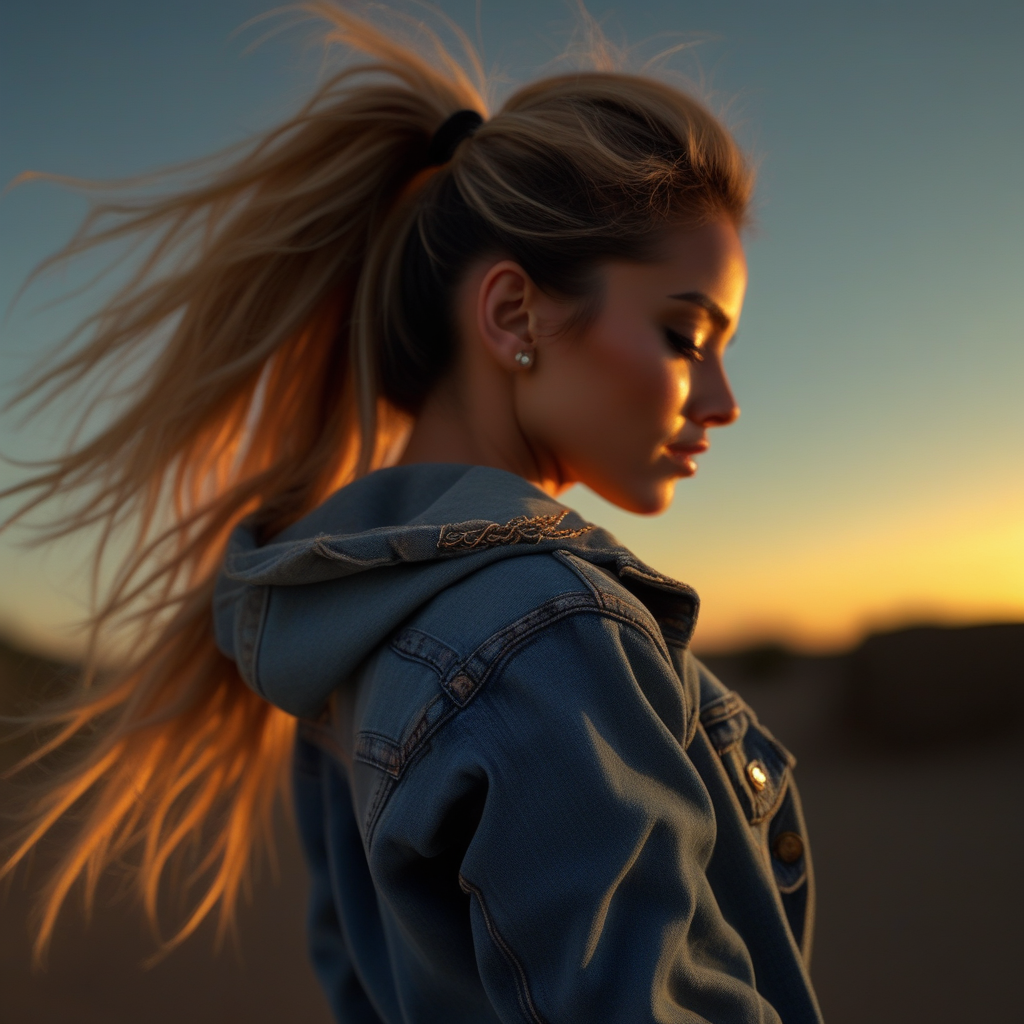 outdoors, lying, latina, wind blown hair, navel, black background, sunset, denim jacket, jewelry, braid, ass, underwear, shirt, high-arching hair, day, breasts, bottom-up perspective, small breasts, Caucasian, elbow gloves, hood down