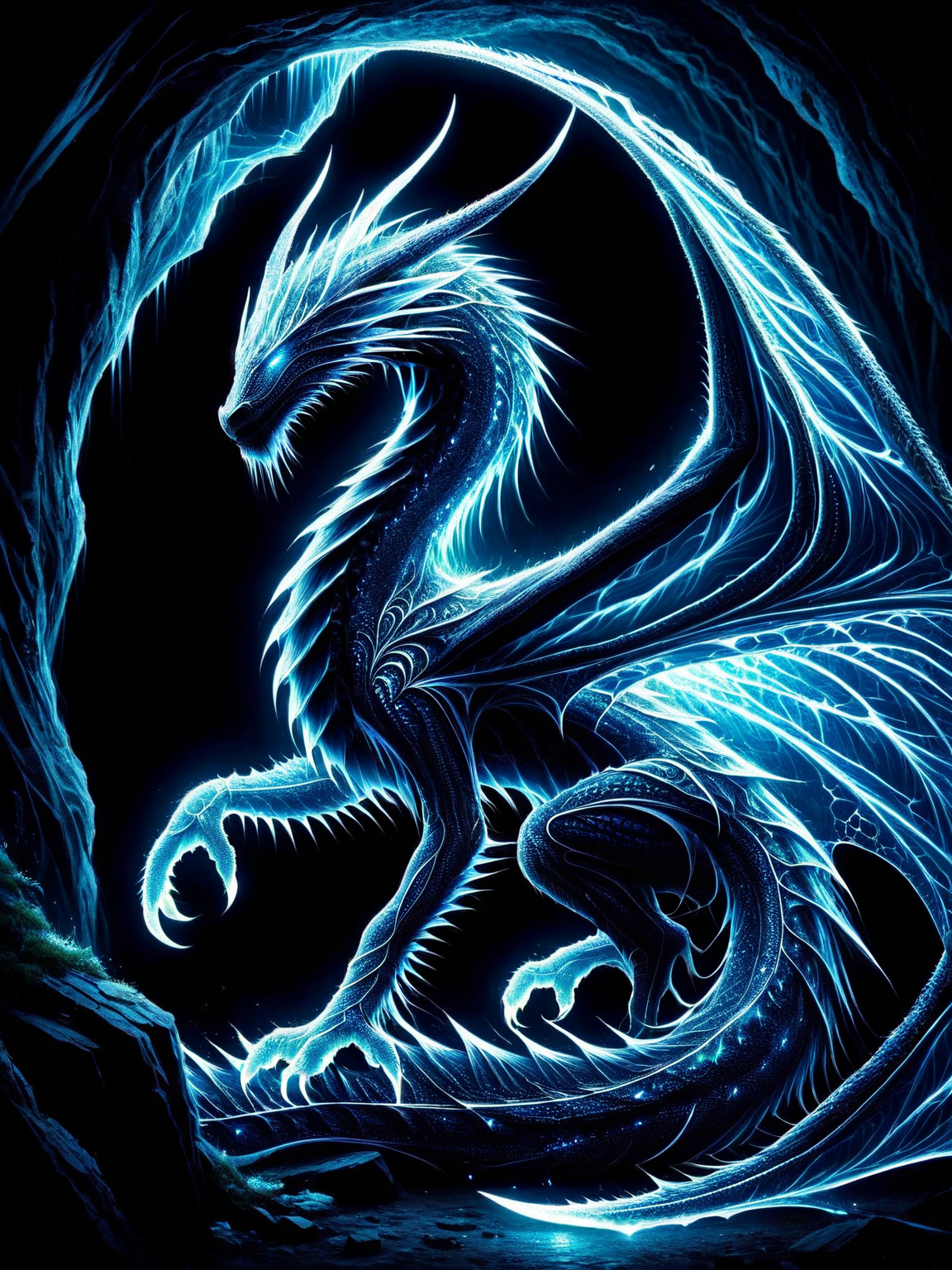 A majestic ais-blmn dragon protecting the entrance to a dark cave <lora:ais-blmn-sdxl:1>