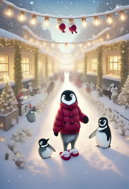 masterpiece, best quality, animal christmas, giant penguin wearing a crown, a red jacket, and slippers, surrounded by mini penguins, snowing, decorations