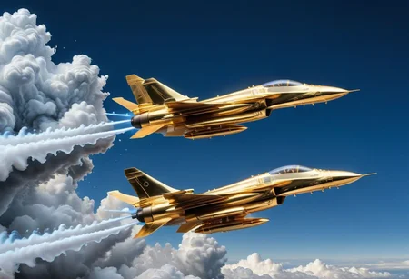 GOLD LIQUID METAL jet fighters, racing through SILVER LIQUID METAL clouds, liquid metal sprays from there jets, flying through a BLUE LIQUID METAL sky