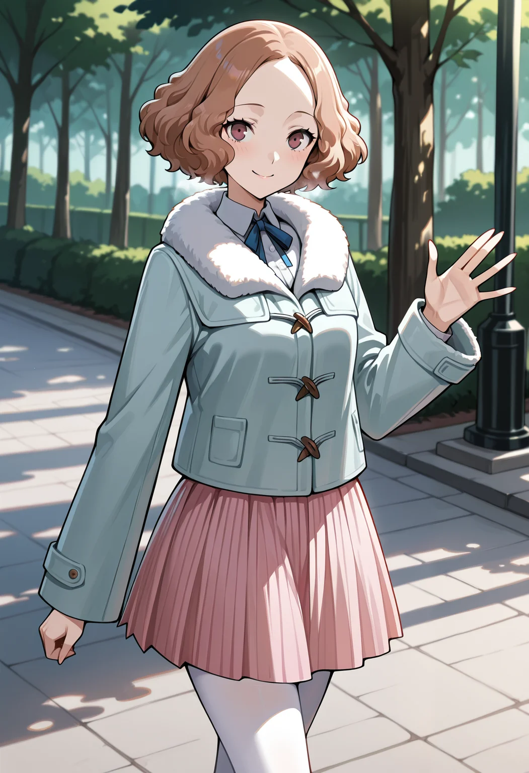 (masterwork, masterpiece, best quality, hyper-detailed),
1 girl, solo,
p5haru, brown hair, short hair, wavy hair,
p5haru-wintercas, fur trim, fur-trimmed jacket, duffle coat, light blue duffle coat, neck ribbon, blue neck ribbon, pink skirt, white pantyhose, pink skirt,
outdoors, park, trees, cold, waving, walking, looking at viewer, smile, cowboy shot,