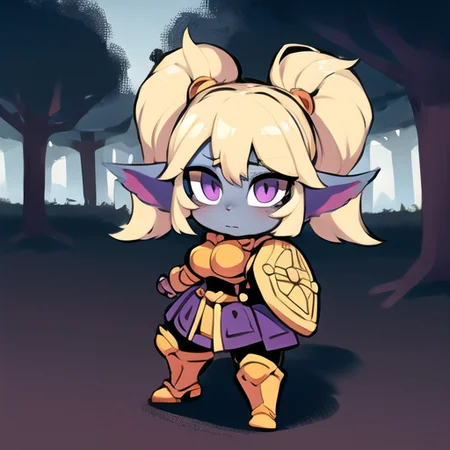 poppy, twintails,blue skin,furry,fluffy ears,yordle,shortstack,1girl,blonde hair,standing up,armor,purple eyes,,hands,breasts,shield,forest,sunlight,trees,bush,