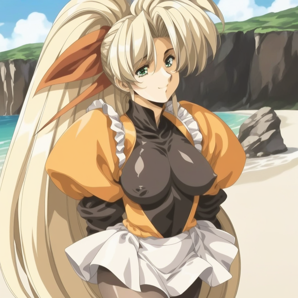 fr0nt1nn0c3ntStyl3, Style: Front Innocent, Artist Style: Urushihara Satoshi, 1girl, masterpiece, highres, high quality, fantasy, score_9, score_8_up, score_7_up, score_6, source_anime, rating_lewd, cowboy shot, mature female, Faye_(Front_Innocent), BREAK, beach, (covered nipples), seductive smile, smile BREAK, , BREAK, Faye, blonde hair,very long hair,high ponytail,very long sidelocks,hair bow,green eyes, dress,black shirt,orange vest,long_sleeves, white skirt,frills, black pantyhose, short boots,