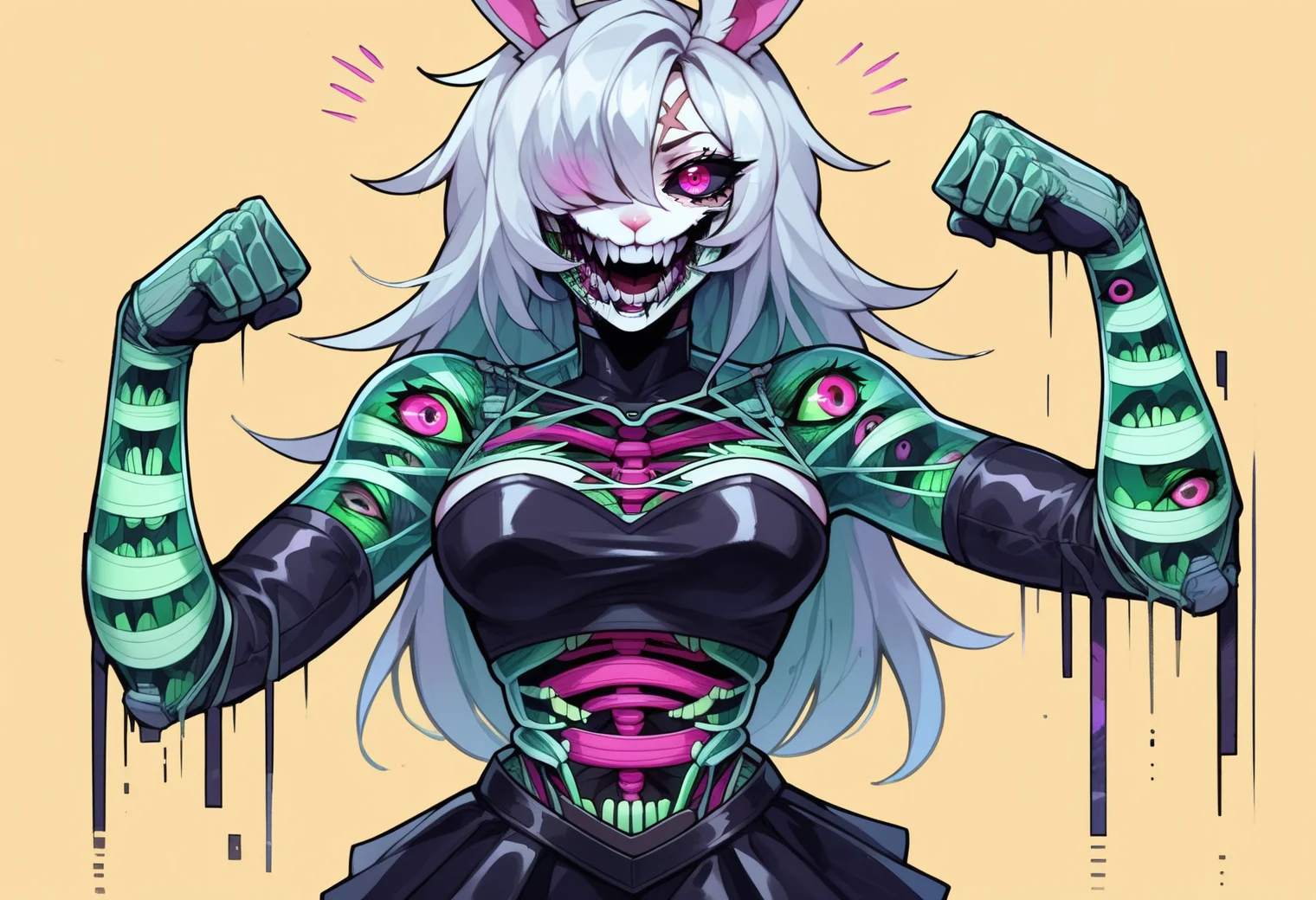 score_9, score_8_up, score_7_up, 1girl, anthro, furry, white body, lagomorph,solo, white hair, hair over one eye, pink striped body, crazed smile, fang, rabbit ears, black sclera, crazy eyes, scar over eye,pink eyes,, latex thighhighs, latex elbow gloves, latex tube top, latex skirt, embarrassed, flexing, simple background, gold background,  <lora:ghostglitch-civit:1> ghostglitch, skeleton, extra eyes