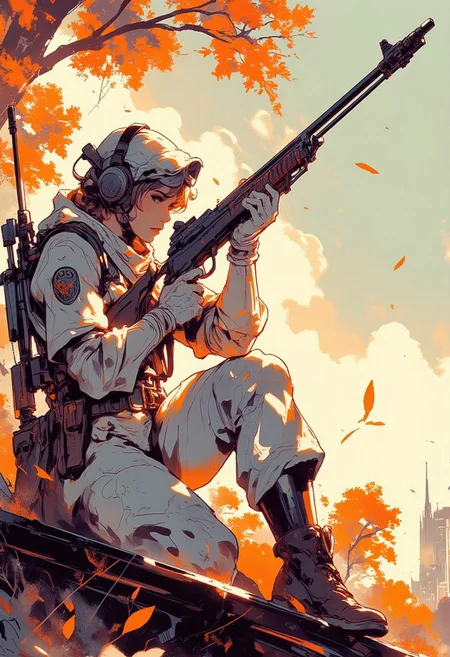 Mh1$AgThS2, intricate linework with expressive contrasts, soft lighting with dynamic highlights, image of female sniper in white camouflage uniform, aiming sniper rifle, silhouetted at sunset, chiascuro, In the style of ff-td