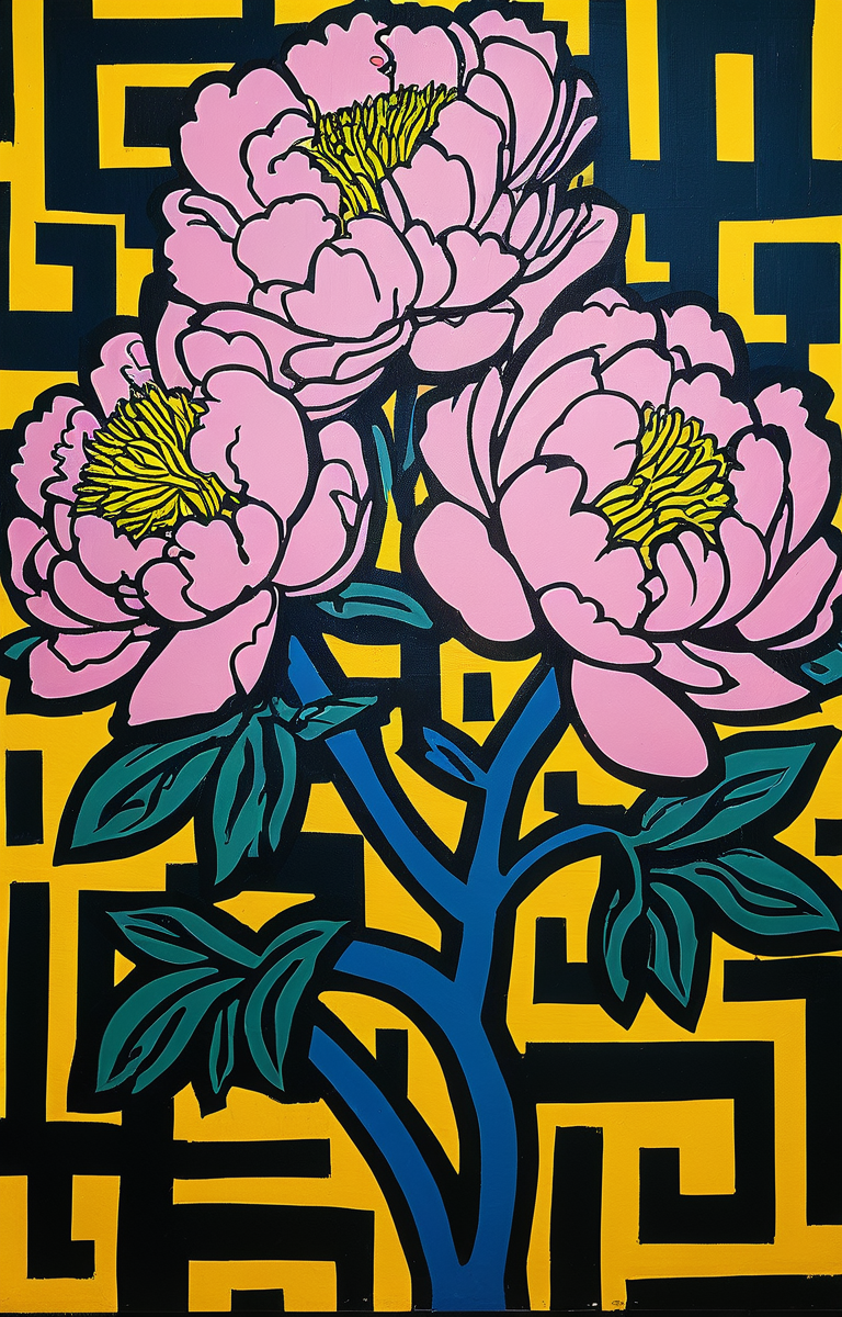 masterpiece,best quality,<lora:tbh164-sdxl:0.9>,illustration,style of Keith Haring, decaying peonies