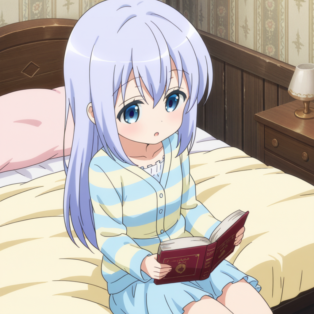 nsfw, masterpiece, best quality, amazing quality, 1girl, solo,  is_the_order_a_rabbit_chino_kafu, sitting, read an book, long hair, blue eyes, blue hair, striped, pajamas, collarbone, :o, long sleeves, bangs, striped jacket, light blue hair, open mouth, hair between eyes, blue skirt,  indoors, bedroom, bed, <lora:Chino_Kafu_-_Is_the_Order_a_Rabbit:0.7>