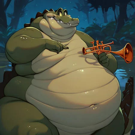 score_9, score_8_up, score_7_up, score_6_up, score_5_up, score_4_up, louis, alligator, fat, obese, dark green skin, reptile, outside, night, swamp background, dancing, playing the trumpet, looking at viewer, smiling