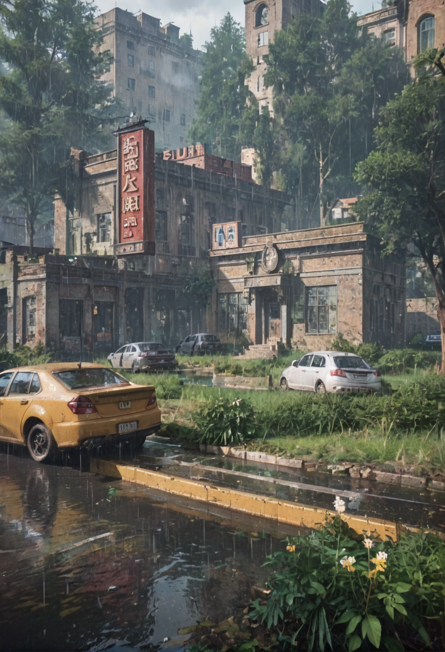 ,ruanyi0763,outdoors,tree,building,ruins,gas station,,ruanyi0714,water drop,rain,<lora:0763 post apocalypse_v1_pony:0.9>,<lora:0714 rainy day_v1_pony:1>, score_9,score_8_up,score_7_up,,8k,1girl,solo,