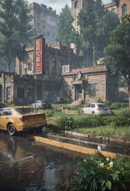 ,ruanyi0763,outdoors,tree,building,ruins,gas station,,ruanyi0714,water drop,rain,<lora:0763 post apocalypse_v1_pony:0.9>,<lora:0714 rainy day_v1_pony:1>, score_9,score_8_up,score_7_up,,8k,1girl,solo,
