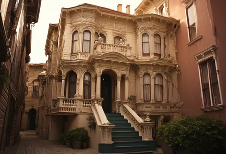 score_9,score_8_up,score_7_up, <lora:Victorian_house_pony_v2:1>1girl, attractive woman in front of (v1ct0r14n, day, Italianate, 2story, bay windows, turret, 3story, 3houses, arched windows, simple, multicolor, blue siding, white trim, tall, blue window trim, row of houses, house, basement, tree potted plants:0.6)