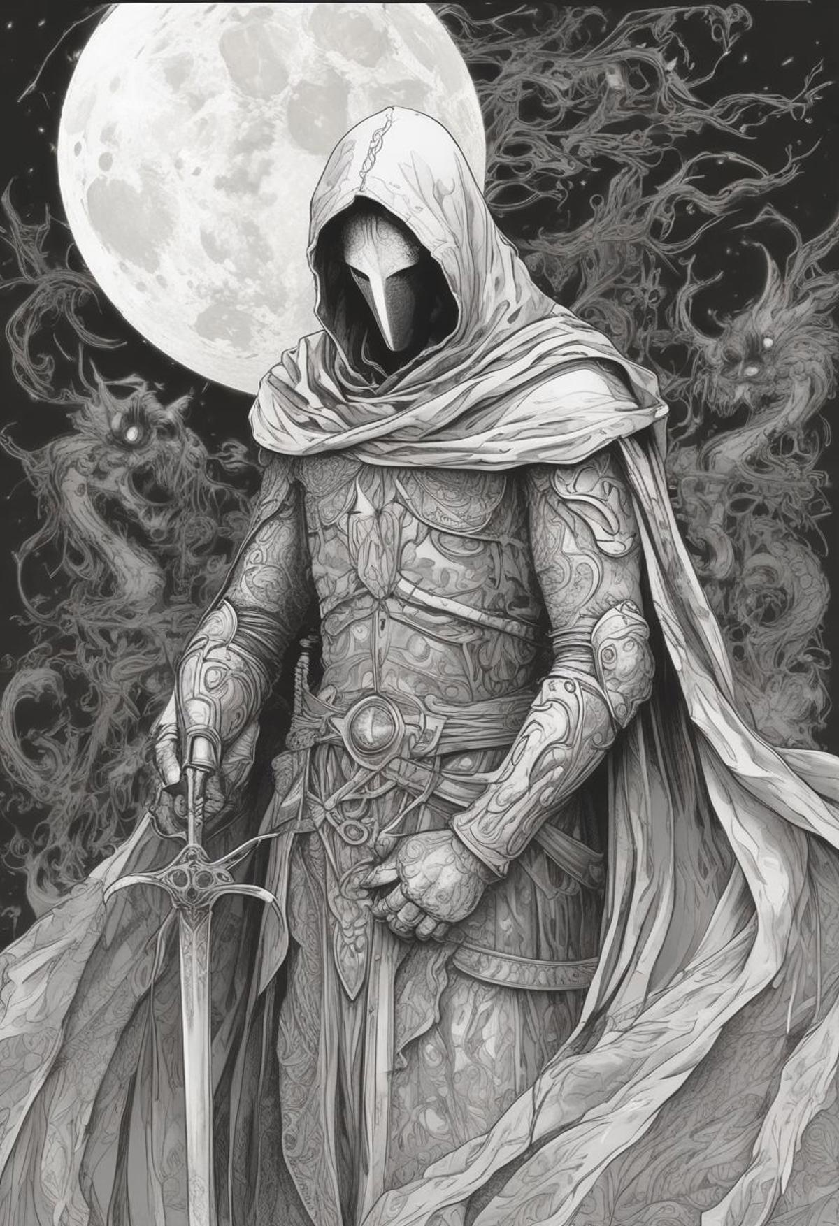 sketch/(ttp/)：0.5，A closeup of fantastical image of a moon knight, clad in flowing, flowing robes, wielding an ornate, ornate blade. Their eyes are filled with power and determination, as they wield the sword in a fluid, dynamic motion. The moon's reflection highlights their magical power
