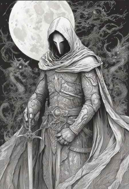sketch/(ttp/):0.5,A closeup of fantastical image of a moon knight, clad in flowing, flowing robes, wielding an ornate, ornate blade. Their eyes are filled with power and determination, as they wield the sword in a fluid, dynamic motion. The moon's reflection highlights their magical power